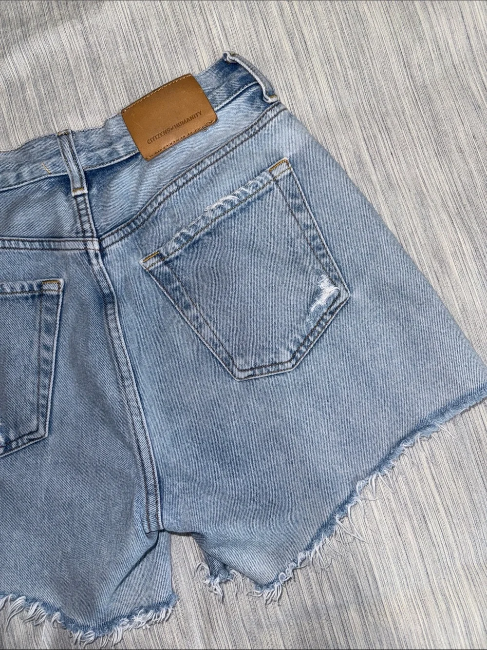 Citizens Of Humanity Annabelle Long Light Blue Distressed Denim Cutoff Shorts